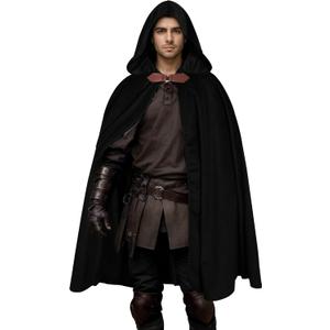 IvyRobes Men Medieval Hooded Cloak Velvet Renaissance Cape with Hood Hobbit Capelet Halloween Dress Up Cosplay Costume (Black)