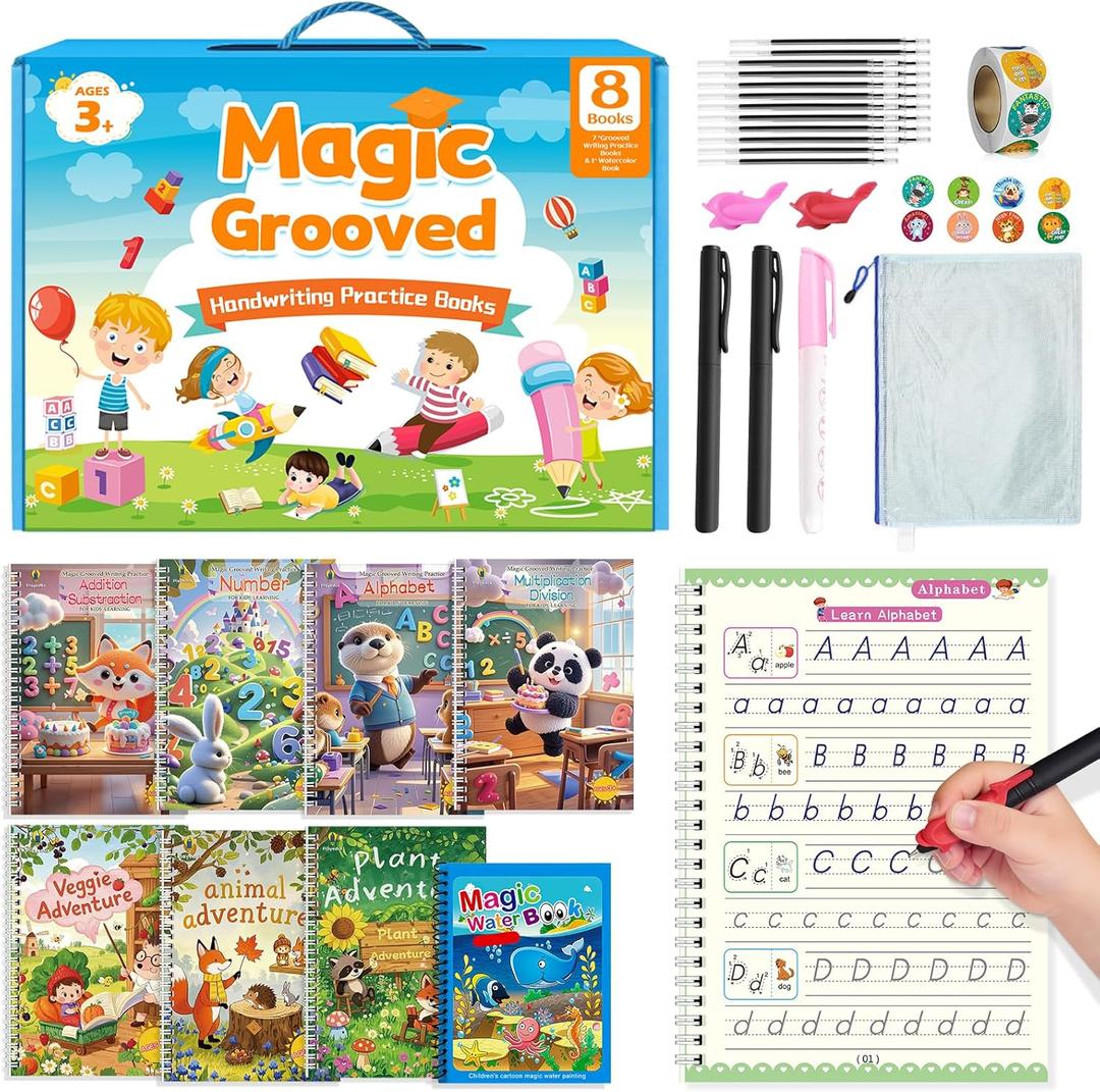 Magic Grooved Writing Practice Books for Kids 3-8,7 Reusable Grooved Handwriting Books-Letters Numbers Math Painting-Preschool Learning Activities-Birthdays Gifts for 3 4 5 6 7 8 Years Old (8)