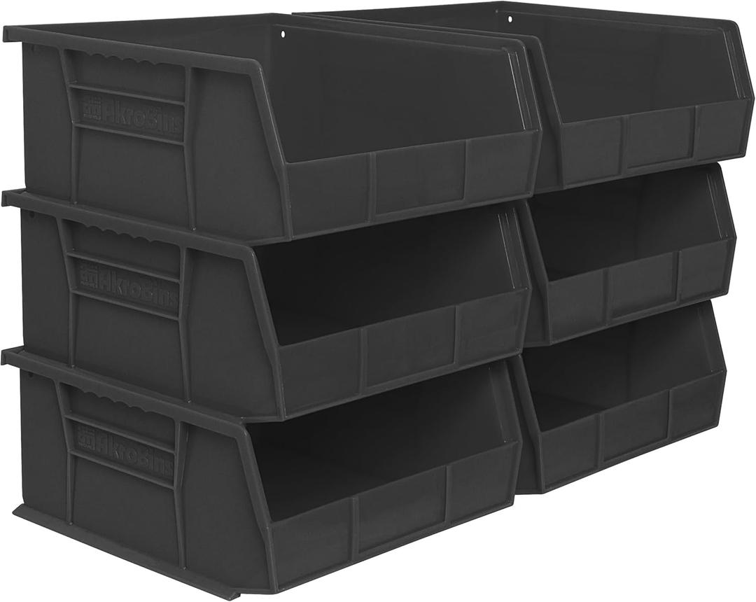 Akro-Mils 30235 AkroBins Plastic Storage Bins, Space-Saving Stackable Bins for Garage, Pantry, Craft Organization, 11" x 11" x 5", Black, 6-Pack