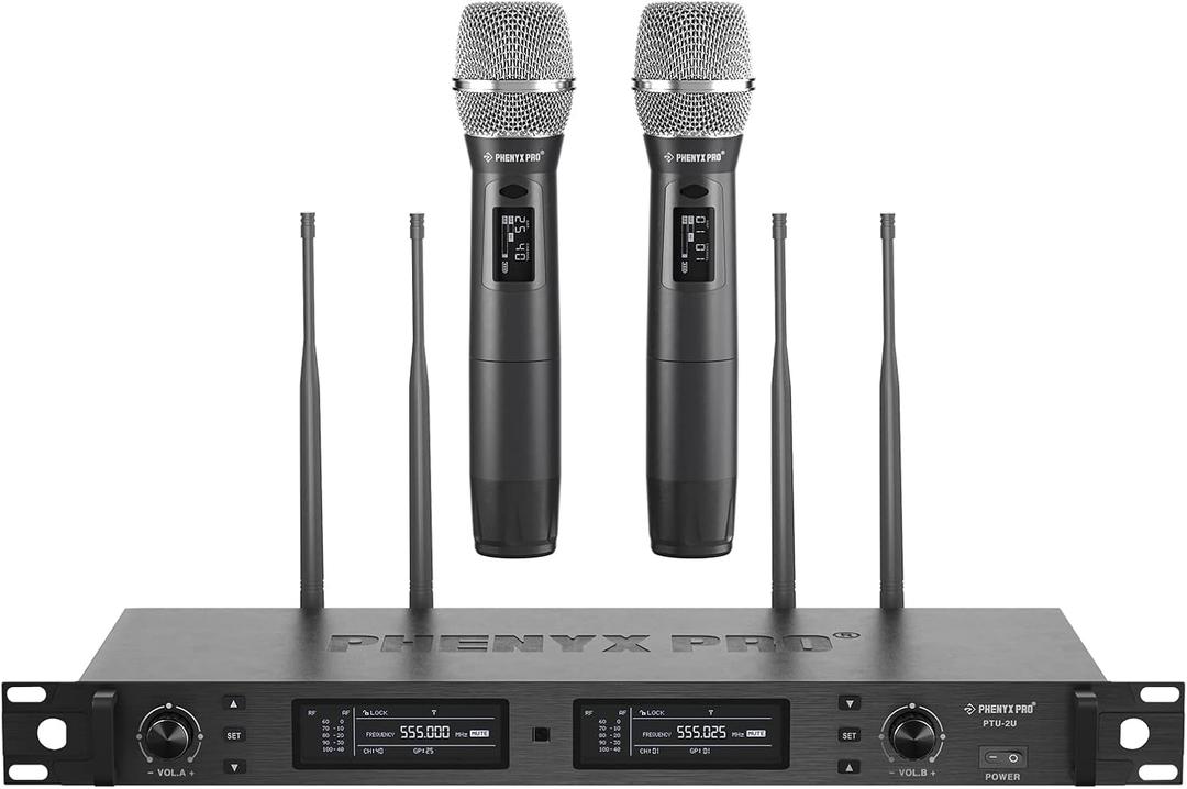 Phenyx Pro Wireless Microphone System, True Diversity Dual Cordless Mic Set, Professional UHF Handheld Wireless Microphones w/Auto Scan, 2x1000 Channels, 328ft for Stage & Studio (PTU-2U-2H)