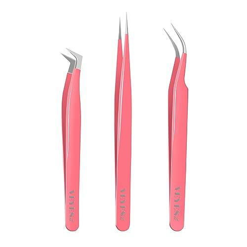 VEYES INC Lash Tweezers for Eyelash Extensions,High Precision Tweezers Kit Contains Isolation,Curved and Volume Lash Tweezers (3pcs) Pink