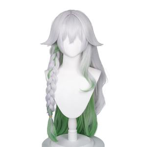 Meguru Greater Lord Rukkhadevata Wig Genshin Impact Cosplay Silver Braid Green Gradient Long Wave Hairs for Adult Women Cos Nahida Role Playing Party(Nahida)