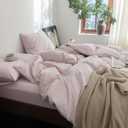 FOSSA Duvet Cover Set 100% Washed Cotton Linen Feel Super Soft Breathable Cozy 3 Pieces Bedding Sets Solid Greyish Pink Full/Double