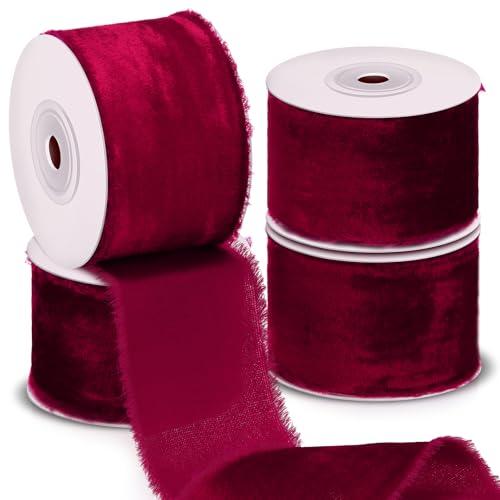 Preboun 4 Rolls Christmas Velvet Ribbon for Gift Wrapping 24 Yards Total Frayed Edge Velvet Silk Ribbon for Christmas Wedding Baby Shower DIY Crafts Decor(Burgundy,2 Inch)