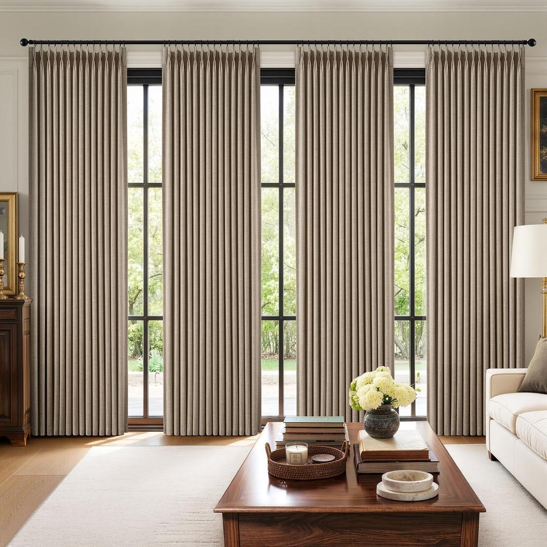 MIULEE Pinch Pleated 100% Blackout Curtains 90 Inch Long 4 Panel Set for Bedroom Thick Linen Memory Trained Pleat Living Room Darkening Back Tab Double Layer Thermal Insulated Drapes, Burlywood Birch