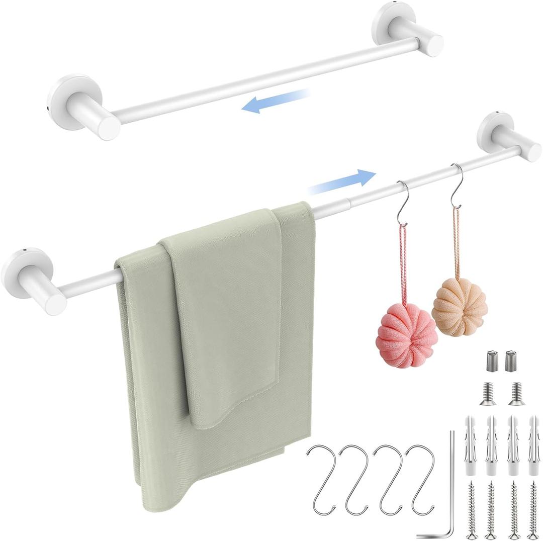 Adjustable Single Bath Towel Bar 16 to 27.6 Inch, ZUEXT Oil Rubbed White Stainless Steel Towel Holder Hanger,Expandable Wall Mount Towel Rail for Bathroom Kitchen,1" Tube Towel Rail Racks w/Hooks