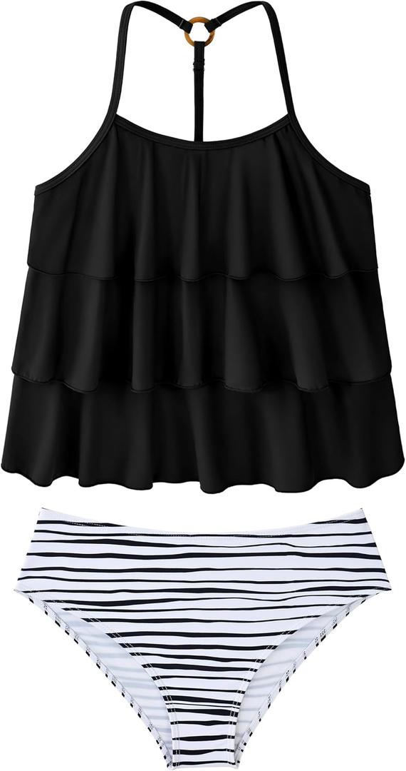 UIQUR Girls Swimsuit Two Pieces Bikini Set Ruffle Bathing Suits Adjustable Straps with Padad Tankini Swimwear (11-12 Years, Black Stripes)