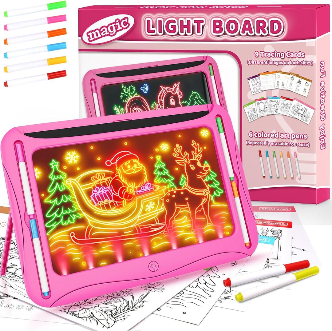 Magic LED Drawing Board for Kids, Toys for Girls Glow in the Dark, Light Up Tracing Pad with 9 Dual-Sided Card, 6 Marker, Doodle Writing Tablet Toddler Learning Toy, Art & Craft Kit Xmas Birthday Gift (Pink)