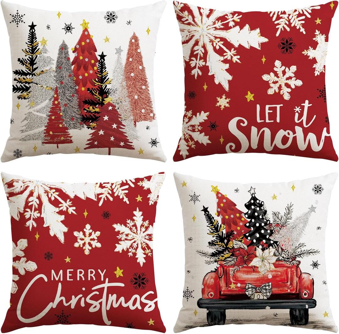 Artscope Christmas Throw Pillow Covers 18x18 Inch Set of 4, Let It Snow Snowflakes Truck Winter Christmas Decoration Pillow Cases for Home Sofa Couch Decor-Red
