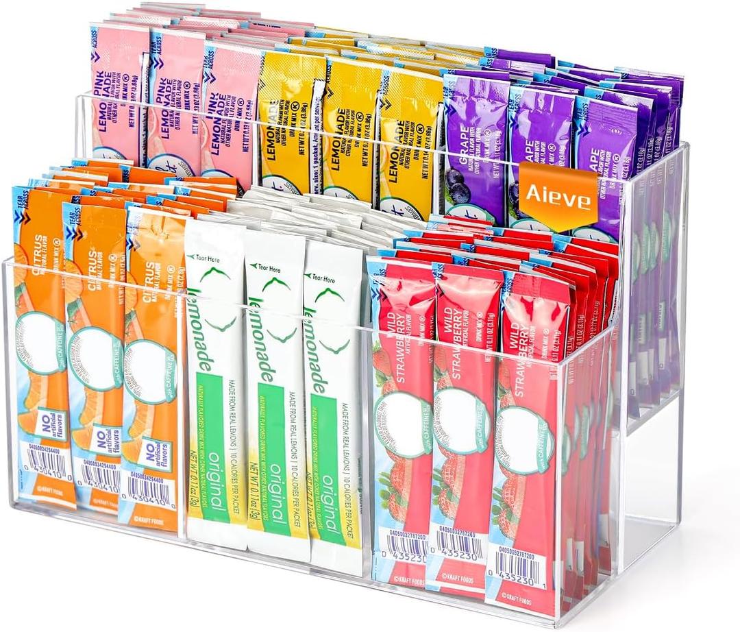 AIEVE Drink Packet Organizer, 2-Tier Water Flavor Packet Holder for Pantry Storage, Acrylic Drink Mix Organizer Hydration Powdered Mixes Holder Container for Cabinet Kitchen Storage