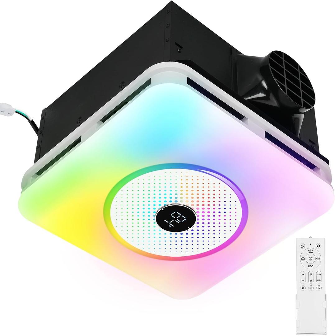 Orsong Bathroom Exhaust Fan with Bluetooth Speaker, 7 Dynamic RGB Lighting, 3000K-6000K Adjustable LED Lighting, Precise Algorithm Enables Seamless Dance Between Light And Music, 11in
