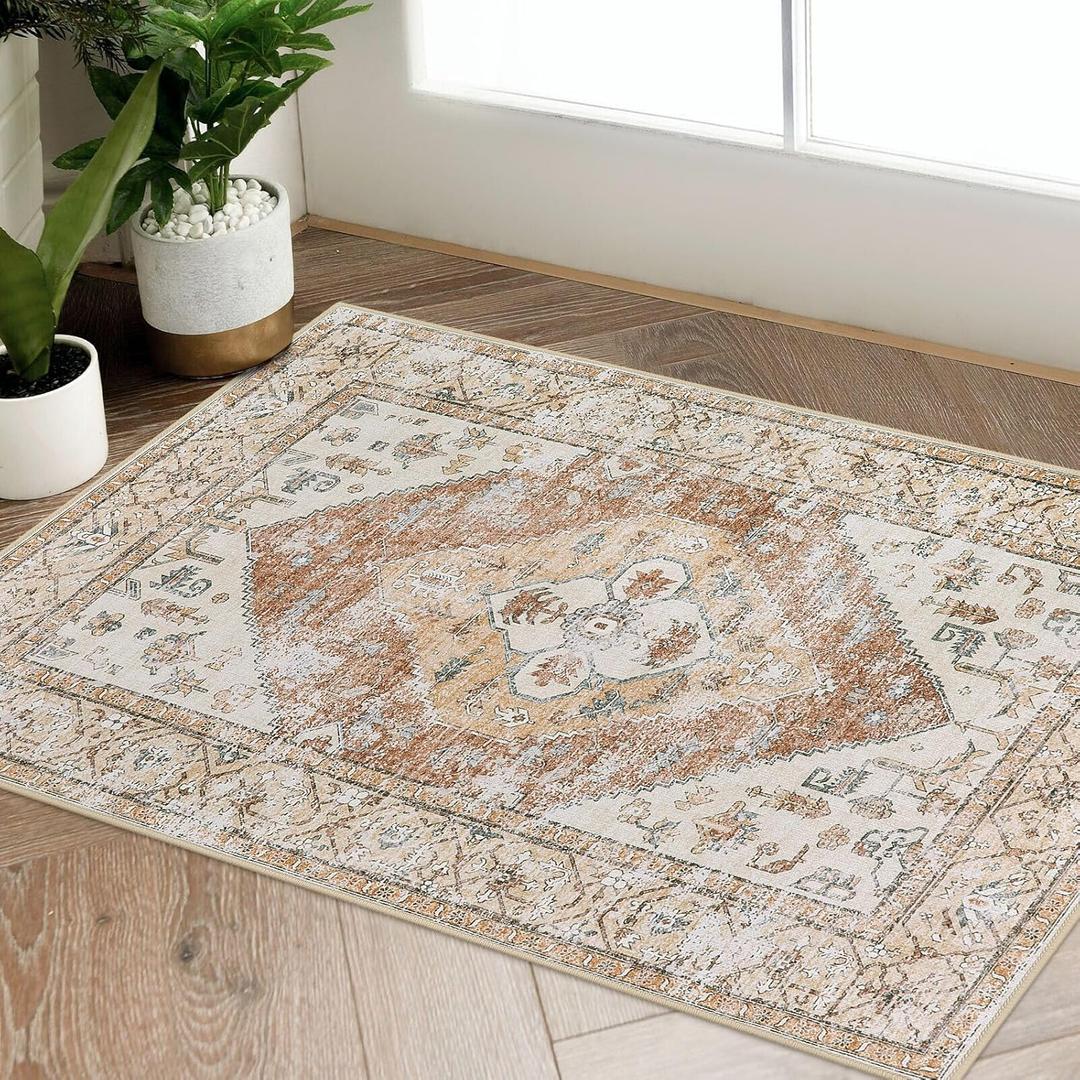 Beeiva Boho Throw 2X3 Entryway Rug, Small Rugs for Bedroom Ultra Thin Non Slip Washable, Small Khaki Carpet Lightweight Indoor Door Mats for Entryway Bedroom