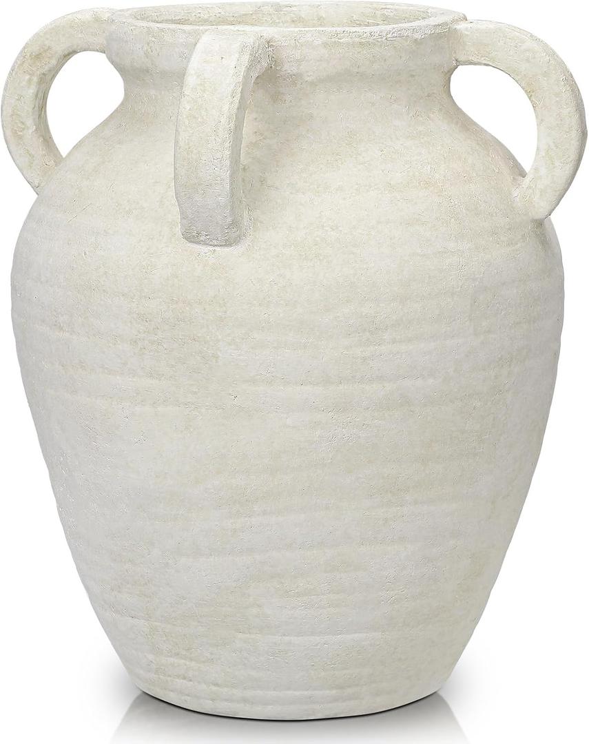 Handmade Flower Vase, 12" Tall Terracotta Vase, White Vintage Ceramic vase, Rustic Antique Decor with 3 Handles, Wide Mouth, Matte Finish for Home Office Resto Caf Dcor