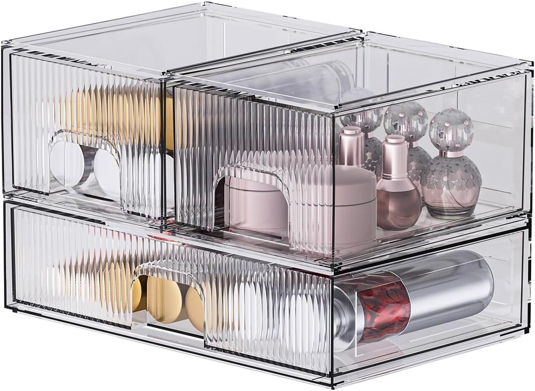 ZHIAI 3 Pack Clear Stackable Cosmetic Organizer with Acrylic Drawers for Cosmetics and Small Items for Dresser, Vanity, Kitchen Cabinet, Pantry, Home Organization and Storage (1long 2 Short)