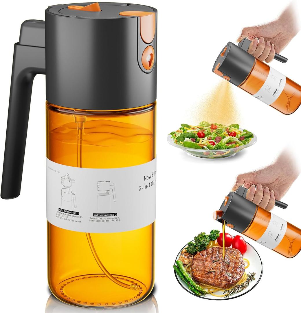 Upgrade 2 in 1 Oil Sprayer for Cooking, 17oz Light-Blocking Glass Olive Oil Dispenser Bottle for Kitchen,Food-Grade Oil Mister with 8 Stickers for Salad, Frying(Amber Bottle-Black Gap)