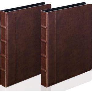 Marspark 2 Pcs Vintage Hardback 3 Ring Binder Professional Leather Binder Organizer Round Rings Holds 200 Sheets with 2 Inner Pockets(1 Inch,Brown)
