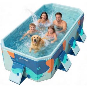 Large Foldable Family Swimming Pool for Kids & Dogs, 115" L x 65" W x 21.5" D Hard Plastic Square Pool with Reinforced Sidewalls and Easy Setup for Backyard