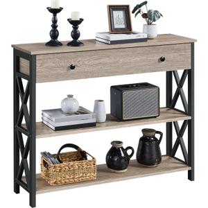 Yaheetech Console Table with Drawer, Entryway Table with 3 Tier Storage Shelves, Narrow Long Sofa Table for Entryway, Living Room, Hallway, Couch, Kitchen, Metal Frame, Gray