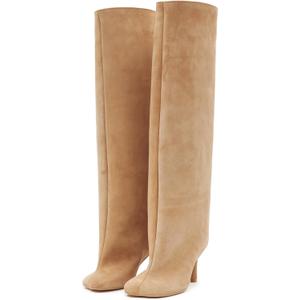 UBWDU Wide Calf Knee High Boots Women Tall Boots Suede Square Toe Stiletto Suede Boots High Heel Long Booties Nude 9.5