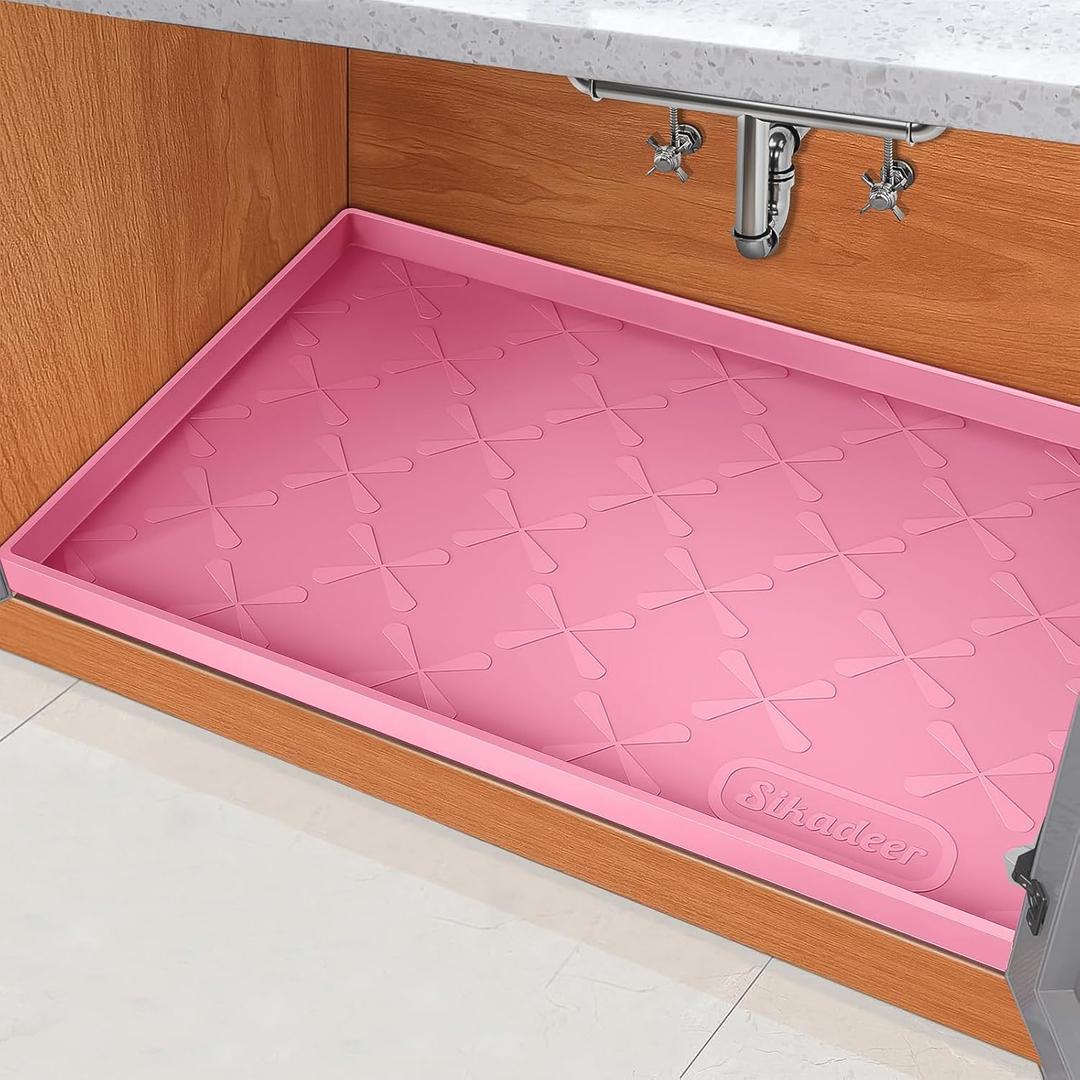 SIKADEER 25" x 22" Under Sink Mat Waterproof, Silicone Mat Kitchen Drawer Shelf and Cabinet Liner, Sink Protector for Kitchen Organizers and Storage, Boot Tray Pet Food Mats (Pink)