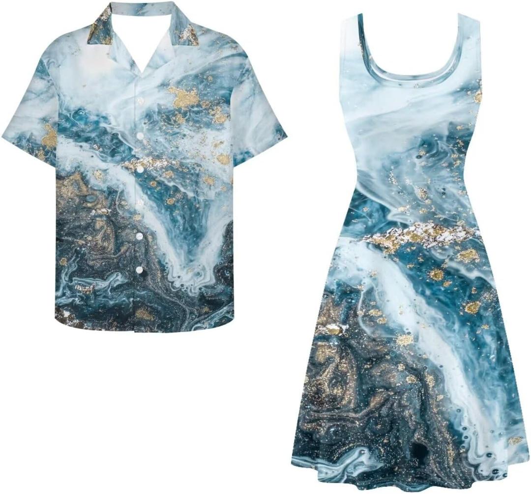 Dreaweet Summer Dresses for Women A-Line Sleeveless Flowy Sun Dresses,Men's Casual Button-Down Shirts,Couple Matching Outfits (Blue, M)