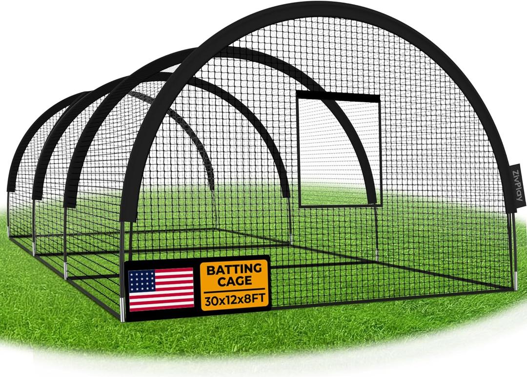 ZivPlay Baseball Batting Cage Net Batting Cages for Backyard Portable Pop Up Cage for Baseball and Softball with Pitching Machine Hole and Detachable Door (30ftx12ftx8ft)