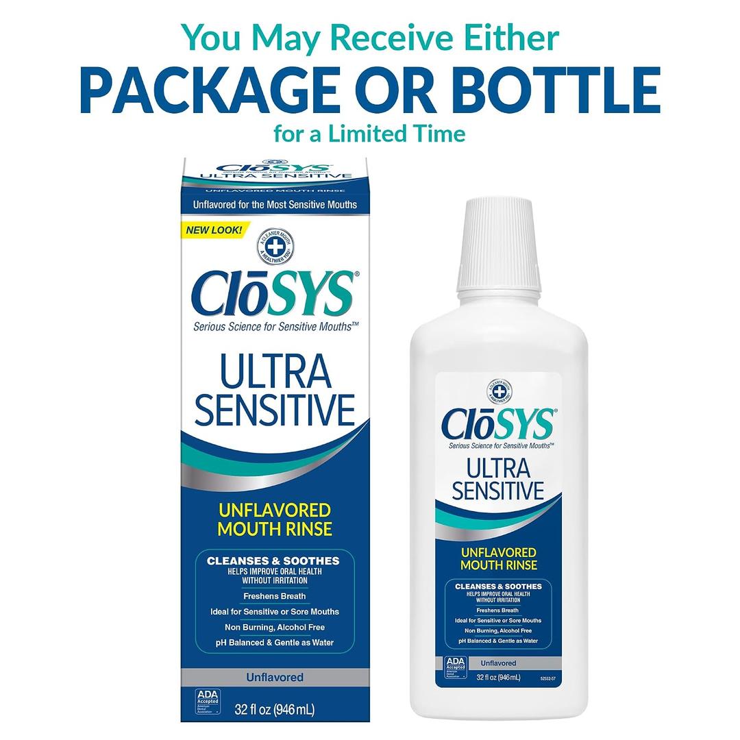 CloSYS Ultra Sensitive Mouthwash, 32 Oz, Pack of 2, Alcohol Free Mouthwash, Unflavored Mouth Wash, Dye Free, pH Balanced, Helps Soothe Entire Mouth, BBD 2028/04