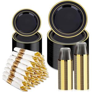 BESTVIP 350PCS Black Gold Dinnerware Set for 50 Guests, Plastic Plates for Halloween Party and Christmas, 50 Disposable Plates, 50 Dessert Plates, 50 Cups, 50 Spoons, 50 Forks and 100 Knives