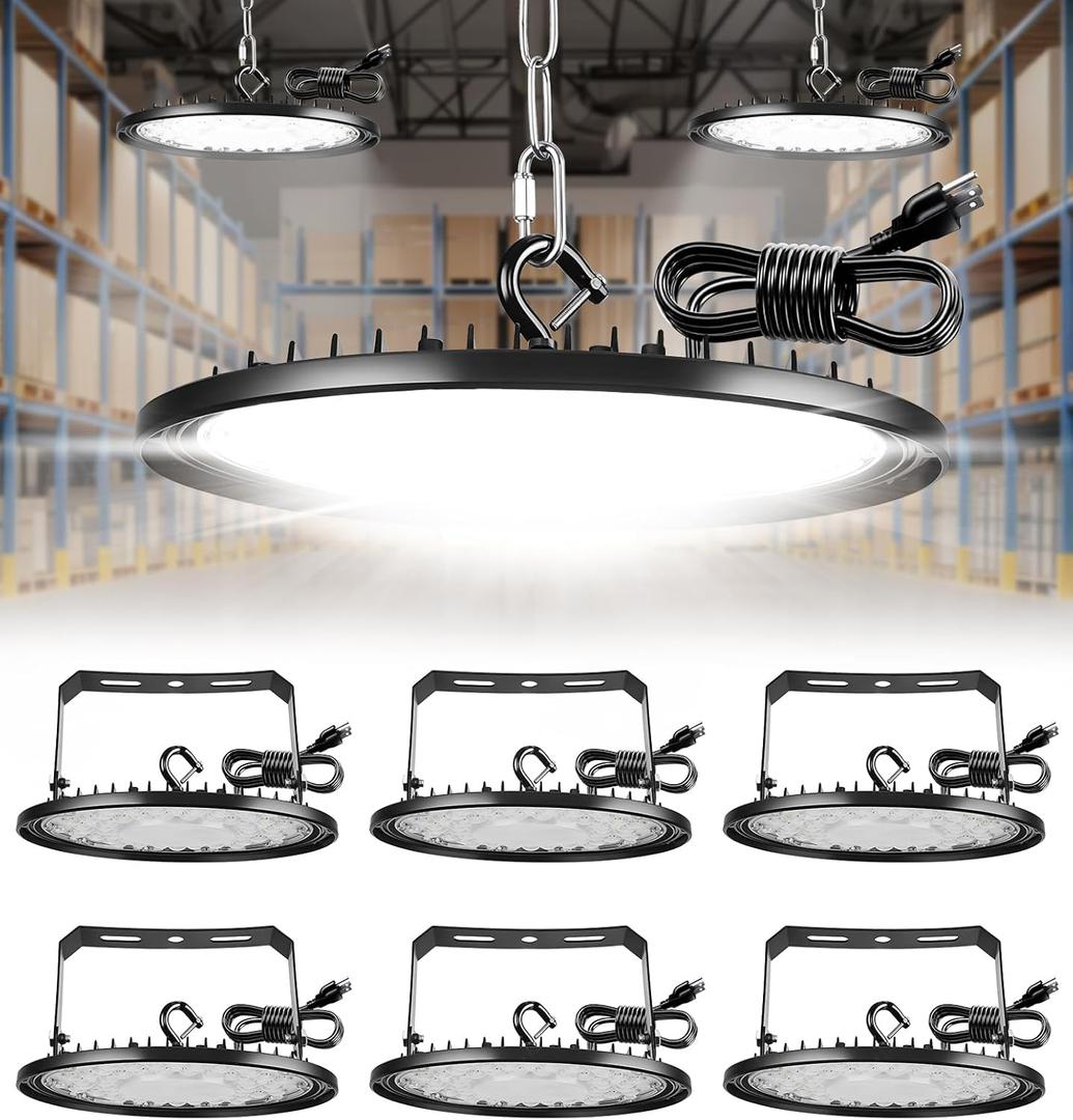 UFO LED High Bay Light: 150W 25500LM Led Shop Lights with 5ft Cord & U Bracket for Warehouse Workshop Commercial Use | 110v Warm White 5000k Commercial Lights | Plug & Play | IP65 Waterproof | 6 Pack