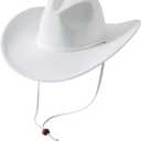 Lanzom Women Men Retro Felt Wide Brim Western Cowboy Cowgirl Hat Dress Up Hat with Wind Lanyard (Medium-Large, White)