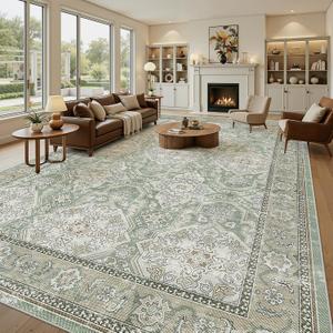 Soalmost 10x14 Area Rugs for Living Room, Non Slip Machine Washable Vintage Rugs, Low Pile Lightweight Large Rug for Bedroom, Dining Room, Home Office Green/Brown