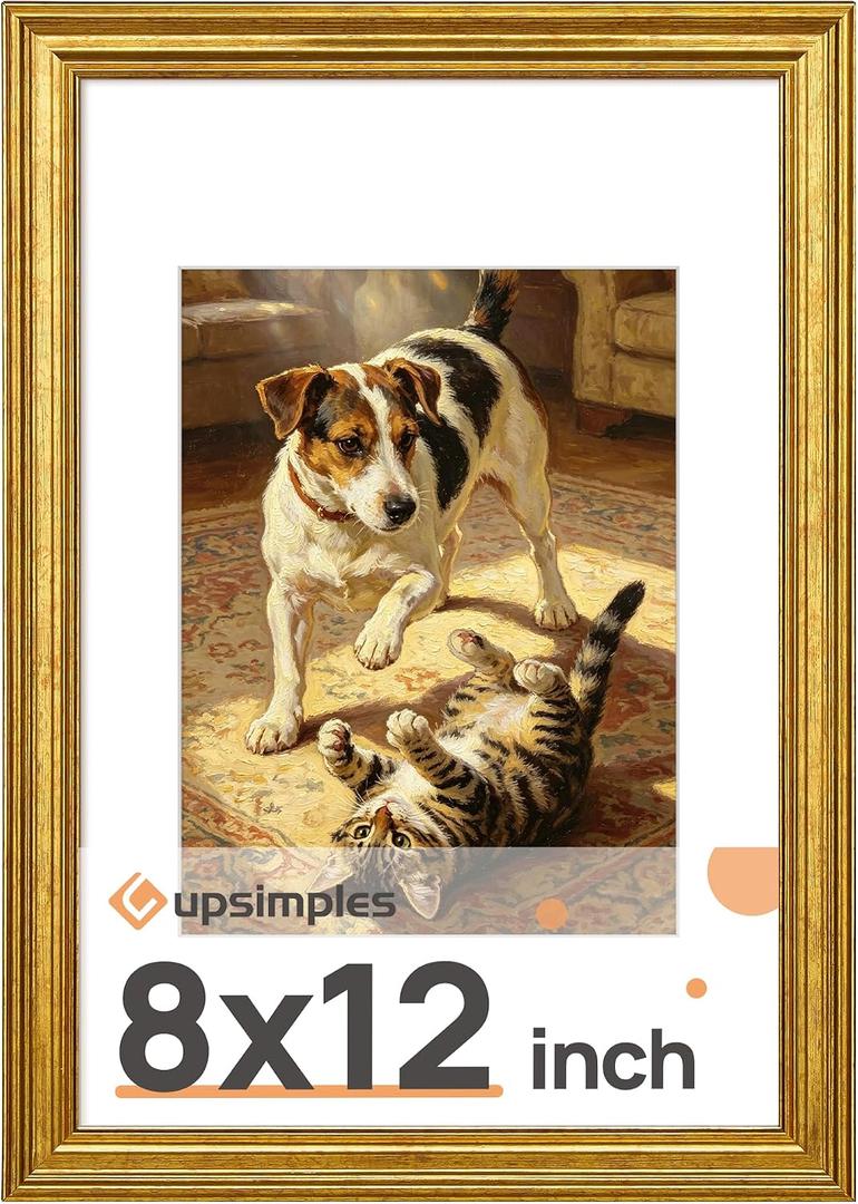 Upsimples Vintage 8x12 Picture Frame, Antique Gold Frames Display 6x8 with Mat or 8 x 12 Photo Without for Wall or Tabletop Decor, 1pack