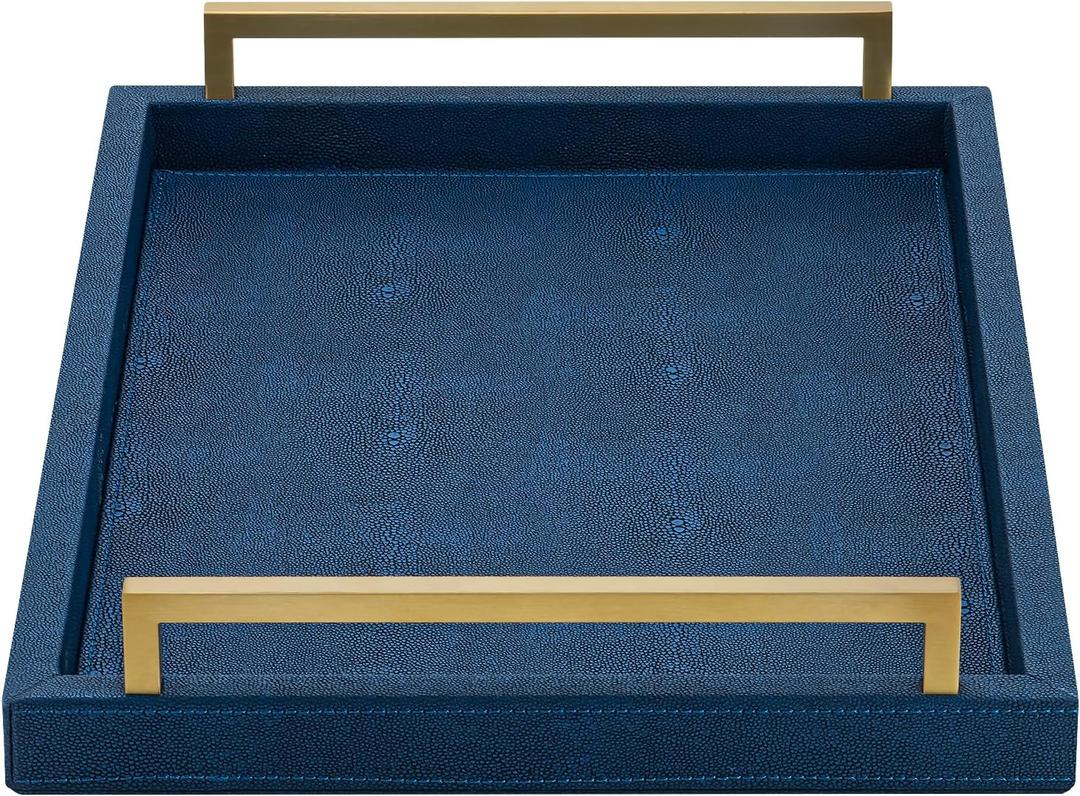 Navy Blue Decorative Serving Tray, Shagreen Leather Coffee Table Tray, Rectangle for Home Decor (17" x 12" x 2.5")
