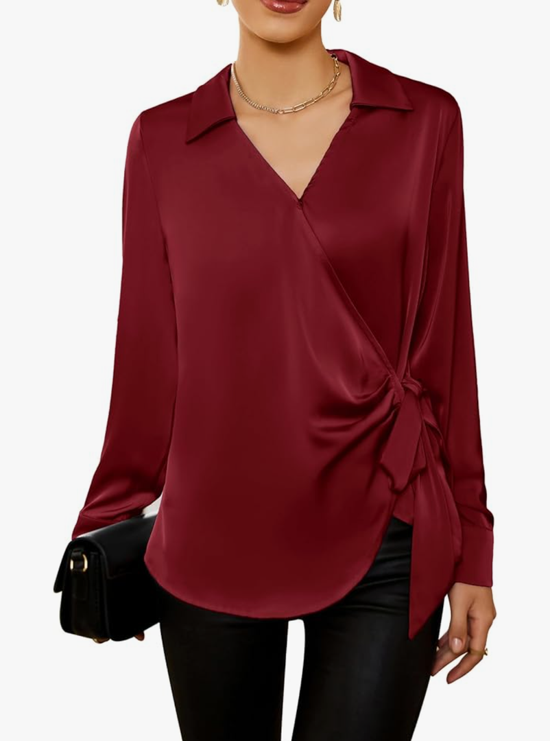 GRACE KARIN Women's Satin Silk Blouses Wrap V Neck Shirts Long Sleeve Elegant Tie Waist Office Formal Work Tunic PulloverTops Red S