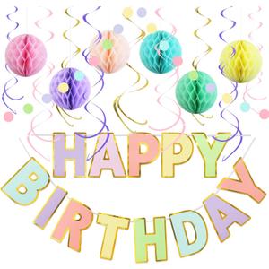 Pastel Birthday Decorations Kit - 17-Piece Set with Pre-Strung Happy Birthday Banner, Honeycomb Balls, Garland & Swirls | Macaron Theme Party Supplies for Women Girls Kids, Teens Adults