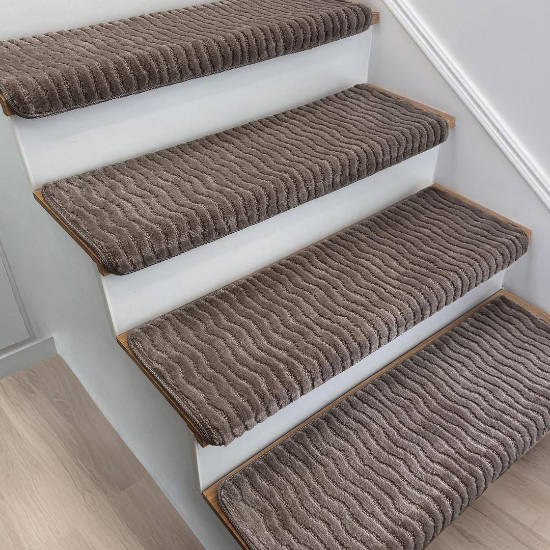 Thick Cushioned Rounded Bullnose Carpet Stair Treads for Wooden Steps – Self-Adhesive Peel and Stick Non-Slip Rug, Soft Plush Edging Stair Protectors (9.5"x30"x1.5", Brown,14PCS)