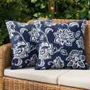 Decorative Outdoor Floral Pillow Covers Set of 2,Waterproof Boho Farmhouse Throw Pillows Summer Coastal Accent Pillowcases for Patio Furniture Garden Sofa 18x18 Inch, Navy Blue