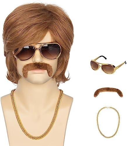 Miss U Hair Men's Brown 70s Party Wigs Mullet Halloween Wig with 70s Accessories Necklace Glasses Mustache
