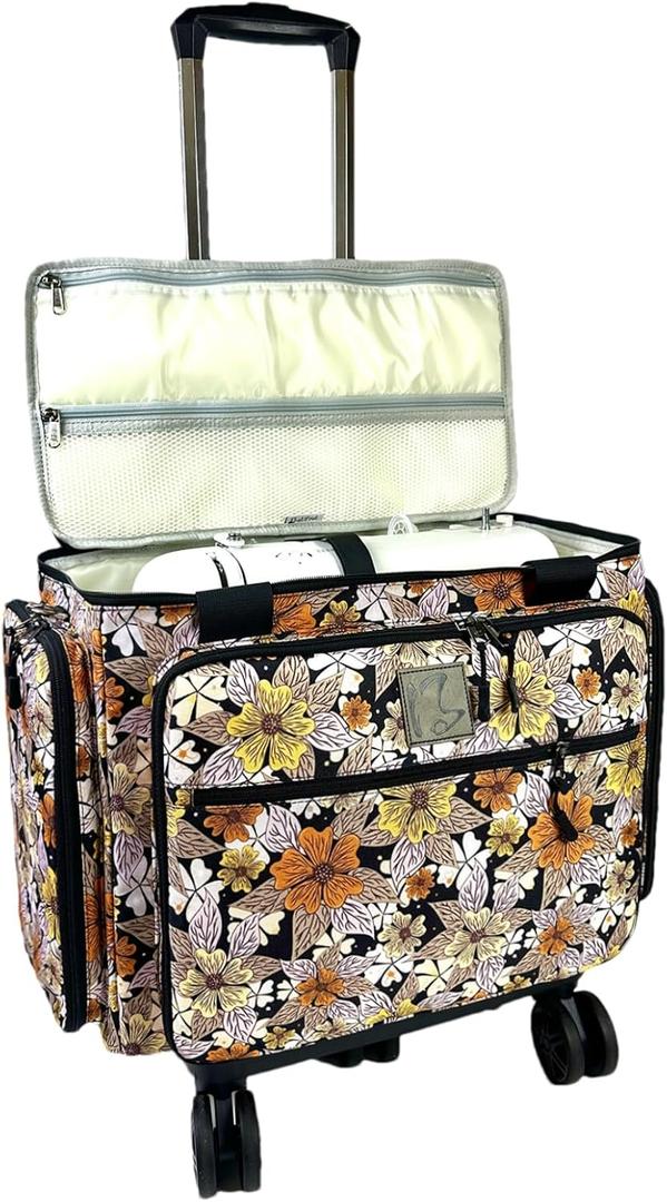 Rolling Sewing Machine Bag with Five 360-Degree Rotating Wheels,Sewing Machine Carrying Case Fits for Most Standard Sewing Machines,YKK zipper,Hard Bottom Pad (Floral)