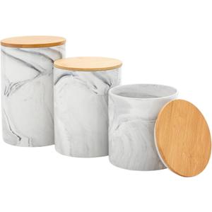 Farmlyn Creek Ceramic Jar Set - Airtight Wood Lids for Kitchen Countertop Jars - White Marble Ceramic Food Storage Containers with Lids - Coffee & Sugar Container Set - 5.9", 4.9", 3.9"