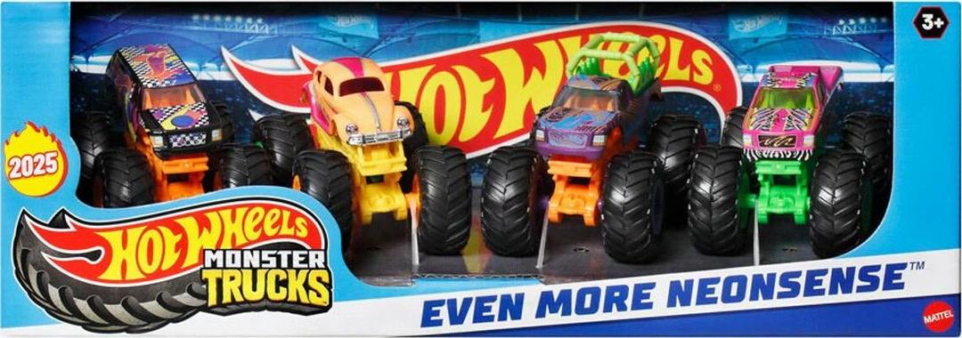 Hot Wheels Toy Monster Trucks Set of 4, 4-Pack of 1:64 Scale Alarm Squad Vehicles, Giant Wheels, Favorite Characters