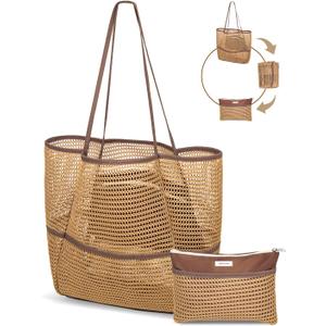 Mesh Beach Tote Bag Packable,2026 New 2-in-1 Large Lightweight Foldable Beach Bags with Multiple Pockets for Women