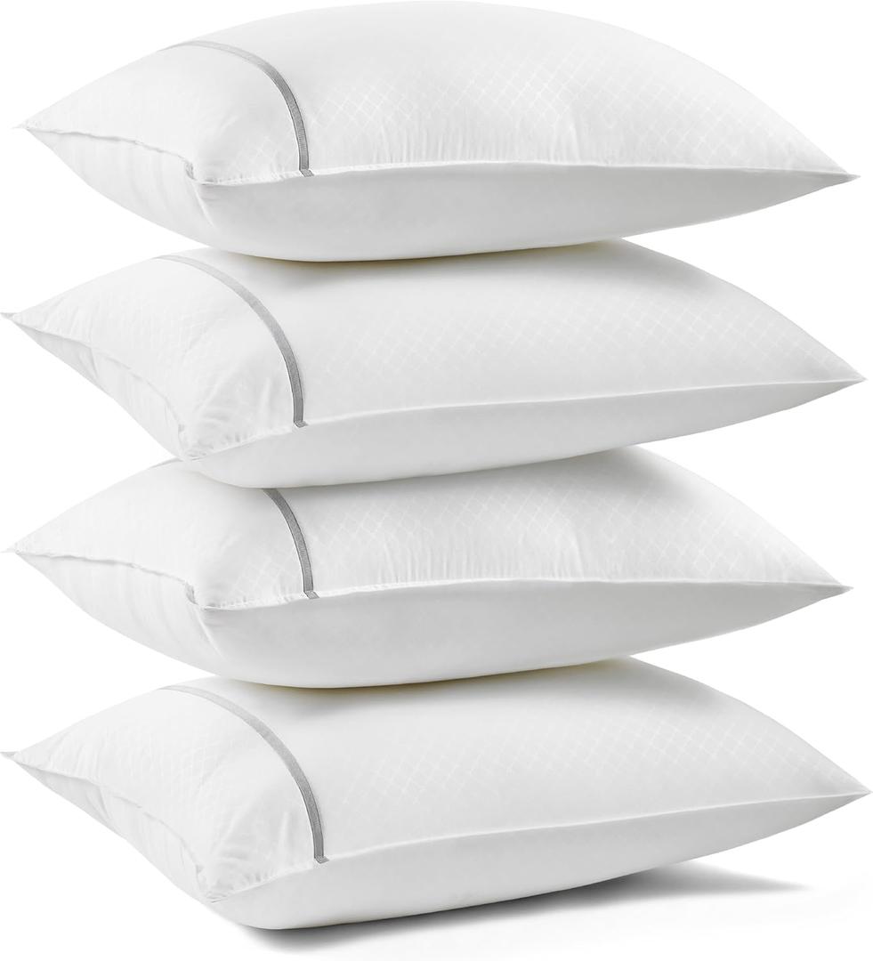 Bedsure Hotel Pillows Queen Size, Set of 4 - Luxury Bed Pillows for Sleeping, Decoration Strip Diamond Design Cover, Fluffy Original Down Alternative Filling for Side, Back or Stomach Sleepers (Grey)