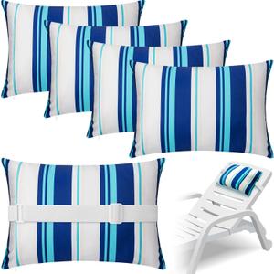 Lineshading 4 Pcs Chaise Lounge Pillow with Strap Outdoor Waterproof Pool Chair Neck Headrest Pillows with Adjustable Elastic Band for Beach Patio Chair Recliner(Blue,Stripe)