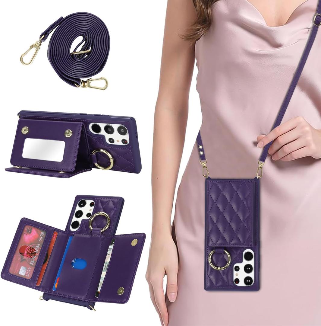 for Galaxy S23 Ultra Case with Card Holder and Strap for Women,Crossbody Lanyard, Make Up Mirror,Ring Stand,Snap Clasp,Cute Phone Wallet Cases 6.8 inch - Deep Purple