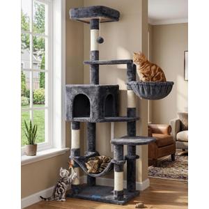 Hey-brother Cat Tree with Large Hammock, Multi-Level Cat Tower for Indoor Cats, Cat Condo with Sisal-Covered Scratching Posts and Top Perch, Smoky Gray MPJ050G