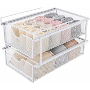 Double Layer White Closet Pull-Out Basket, Under Shelf Hanging Wire Mesh Drawer, Space-Saving Wardrobe Organizer for Socks, Underwear & Bras, 14.6 x 8.9 in