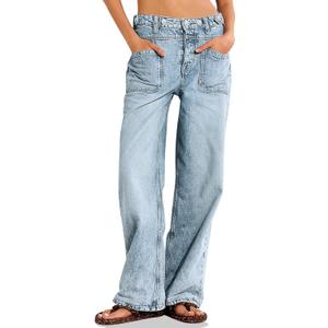 PLNOTME Womens Cuffed Wide Leg Jeans Boyfriend Casual Mid Rise Denim Pants with Pockets (10, Light Blue)