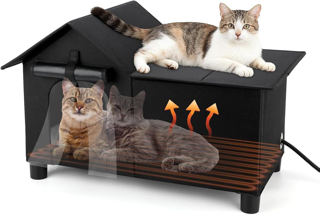 Extra Large Heated Cat House for Outside, Elevated Outdoor Cat House Weatherproof with Heating Pad for Winter, Warm Feral Cats Shelter for Multiple Cats, 25.6 X 13.4 X 18.1 Inches (Black)