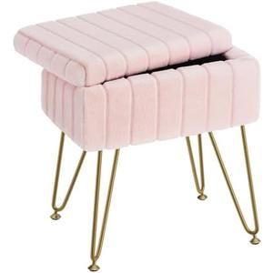 Greenstell Vanity Stool Chair Faux Fur with Storage, 15.7"L x 11.8"W x 19.4"H Soft Ottoman 4 Metal Legs with Anti-Slip Feet, Furry Padded Seat, Modern Multifunctional Chairs for Makeup, Bedroom Pink